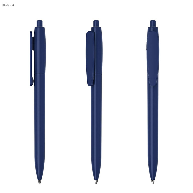 A blue plastic pen with a sleek design and a clip, displayed from multiple angles. It features a simple logo.