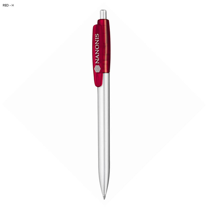 A plastic pen with a red top and silver barrel, featuring a logo on the cap.