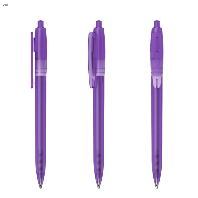 A set of three purple plastic pens with click mechanisms and clear grips. The pens have a simple design and branding present.
