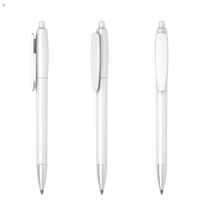 A set of white plastic pens featuring a sleek design and silver accents, displaying various angles.