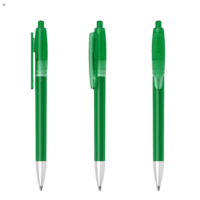 A set of three green plastic pens with clear grips and silver tips, featuring a logo on each.