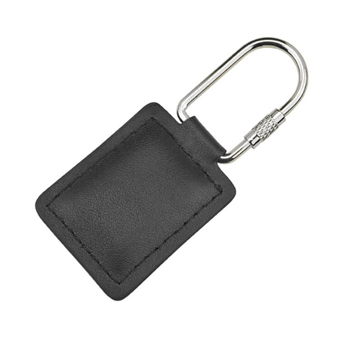 A black leather key ring with a metal clip for attaching keys. It features a simple rectangular design.