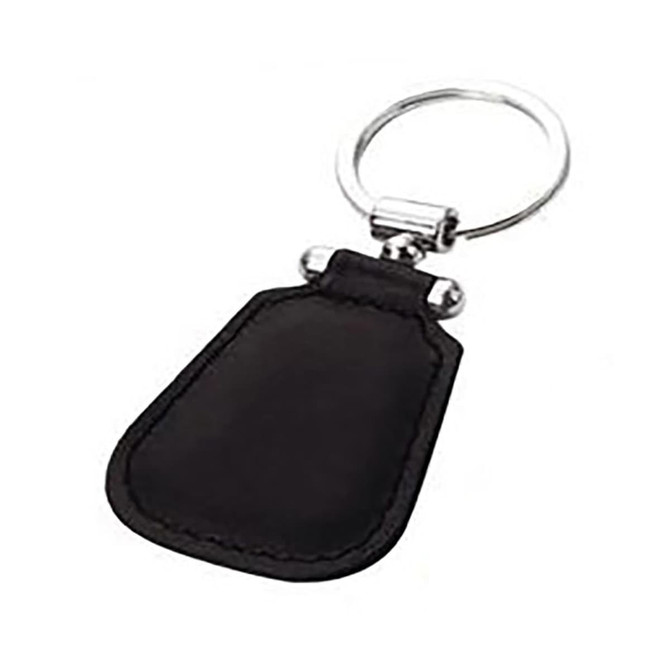 A black leather key ring with a circular metal attachment and a simple design. It has a branding logo.