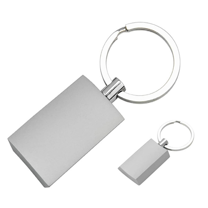 A silver rectangular key ring with a metal attachment and a simple design.