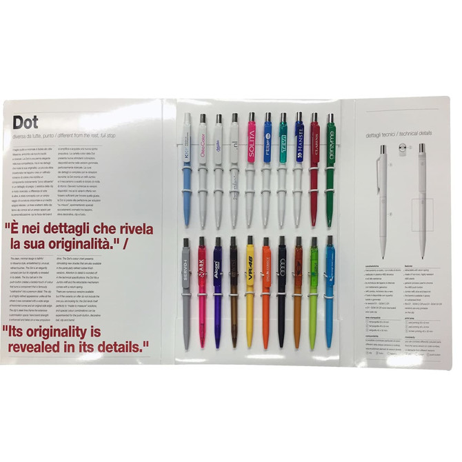 A display folder containing a range of colourful pens, featuring some with white and some with brightly coloured barrels.