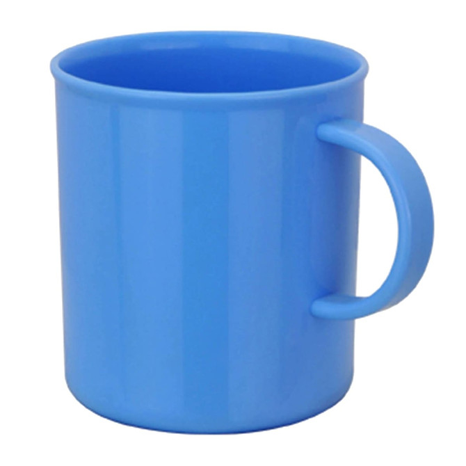 A blue plastic mug with a simple handle and a smooth surface. It features a logo on one side.