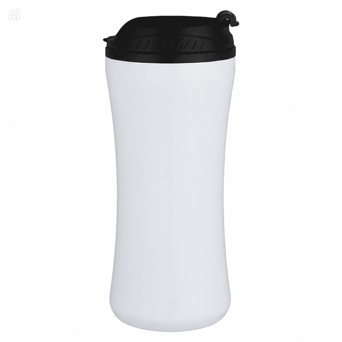 A travel mug with a sleek black lid and a smooth white body, featuring a logo on the surface.