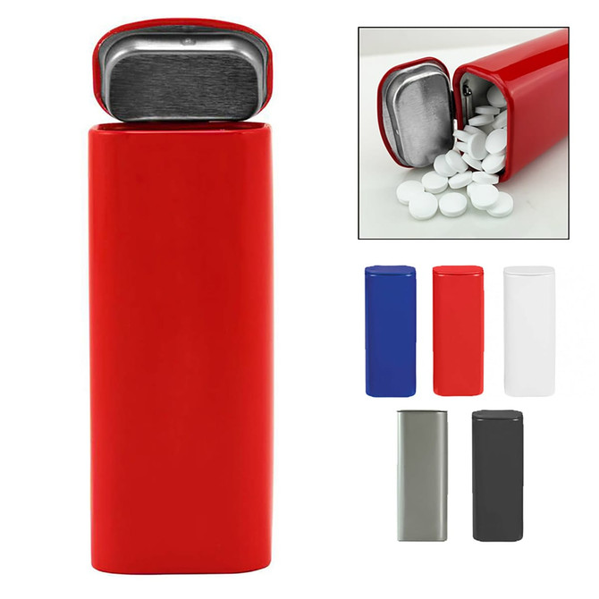 A red flip-top mint tin with a silver interior, filled with white mints. Additional colours shown: blue, white, grey, and black.