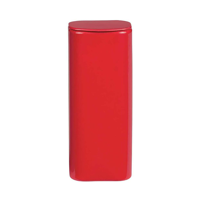 A red flip-top mint tin with a sleek, glossy finish, featuring a small logo on the front.