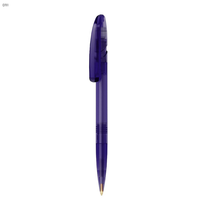 A plastic pen featuring a transparent purple body and a gold ballpoint tip, including a clip and branding.