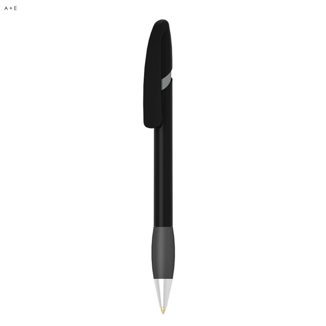 A black plastic pen with a grey tip and a clip, featuring a logo on the barrel.