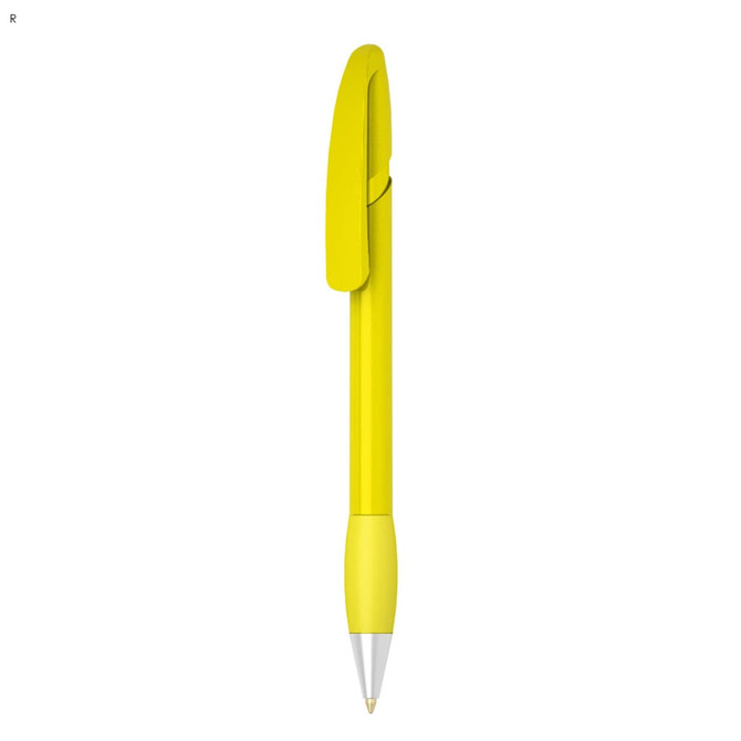 A bright yellow plastic pen with a clip and a smooth tip, featuring a logo on its body.