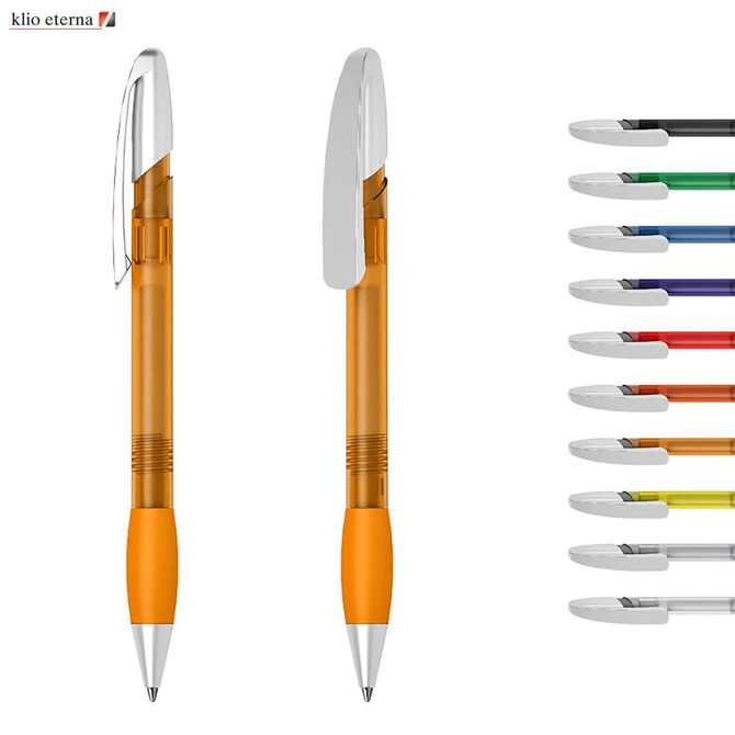 A plastic pen with an orange barrel and silver accents, alongside a range of other coloured pens with similar designs.