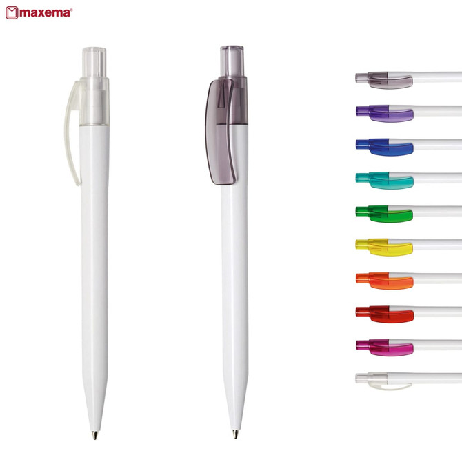 A selection of plastic pens in various colours, featuring a white body with coloured tips and a logo.