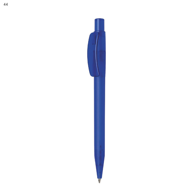 A blue plastic pen with a click mechanism and a logo on the side.