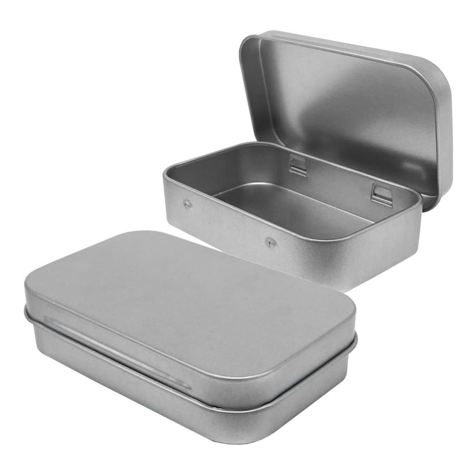 A silver tin with a removable lid, displaying an empty, rectangular interior suitable for storage.