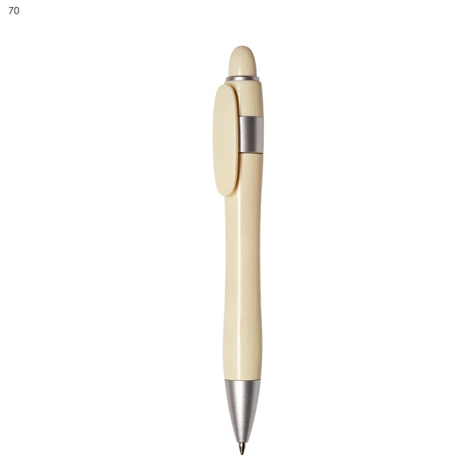 A plastic pen in cream and silver, featuring a sleek design and a clip for easy attachment.