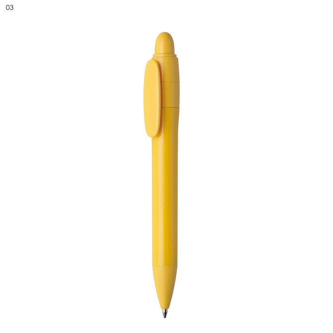 A yellow plastic pen with a rounded top and a clip on the side. It features a logo on the body.