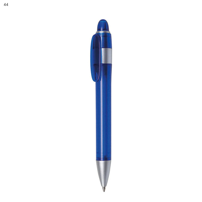 A blue plastic pen with a silver clip and tip, featuring a clear barrel and a logo.