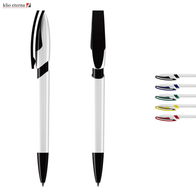 A plastic pen set featuring a white body with black accents and five different coloured tips: blue, red, green, yellow, and black.