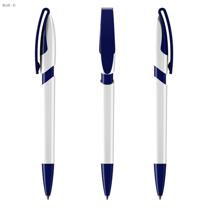 A plastic pen in blue and white, featuring a cap and a clip, is displayed from three angles. It has a logo.