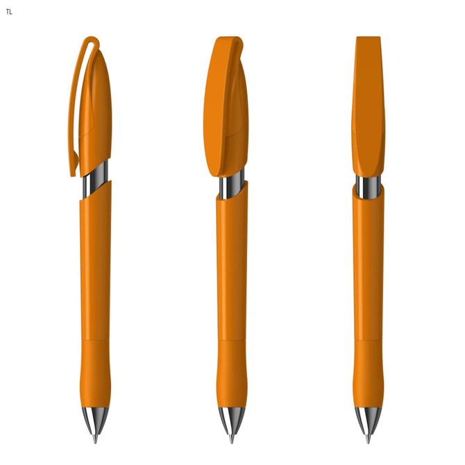 An orange plastic pen with a sleek design and a silver clip, featuring a logo on its body.