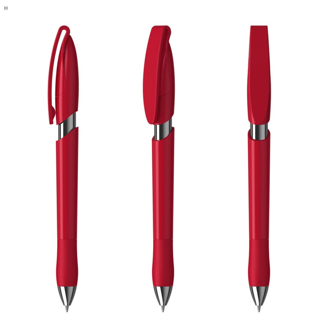 A red plastic pen with a sleek design, featuring a silver clip and tip. The pen is shown from three angles.