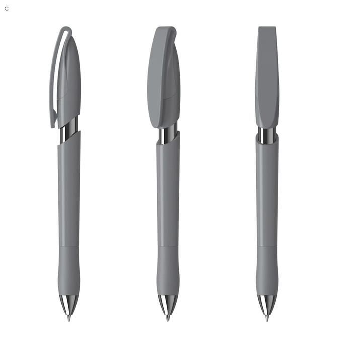 A set of grey plastic pens with a sleek design and clip, featuring a shiny metallic tip.