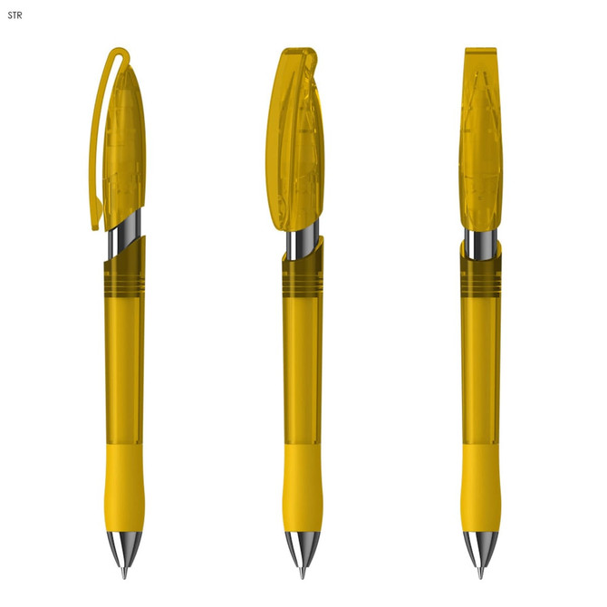 A set of three transparent yellow plastic pens with silver accents and clip tops. Each pen has a distinct angle.