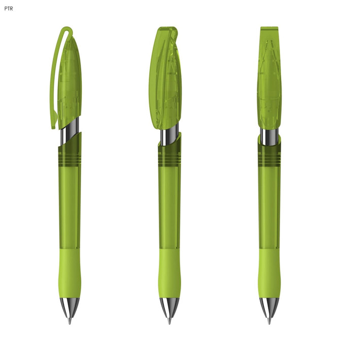 Three transparent green plastic pens displayed from different angles, featuring a shiny silver pen tip and clip.