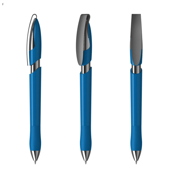 A blue plastic pen with a silver clip and tip, featuring a smooth grip and rounded design. It has a logo on it.