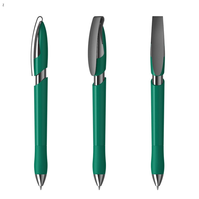 A green plastic pen with a silver clip and tip is displayed from three angles. The pen features a logo.