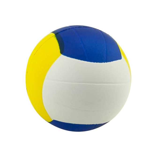 A multi-coloured stress ball featuring blue, yellow, and white segments, shaped like a volleyball. It has a logo.