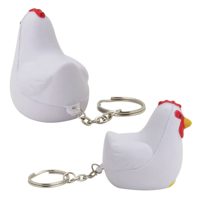 A white stress rooster key ring with a keychain, featuring a bright red comb and beak.