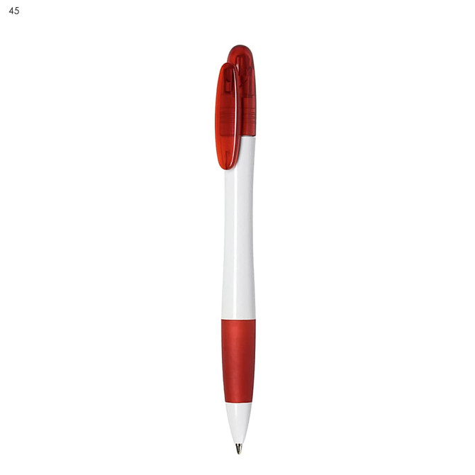 A plastic pen in white and red, featuring a glossy finish and a clip design. The pen has a branding logo.