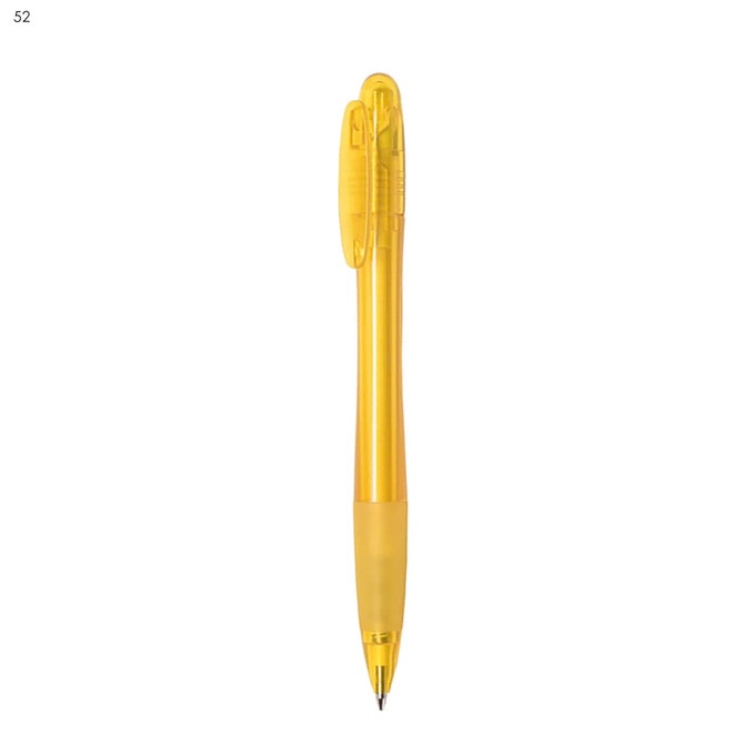 A yellow plastic pen with a transparent body and a clip on top. Features a sleek design and a logo.