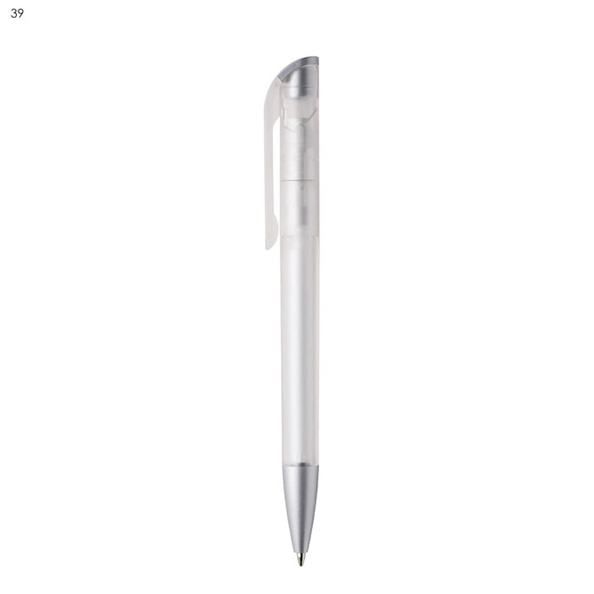 A transparent plastic pen with a silver clip and tip. It has a sleek, minimalist design and features branding.
