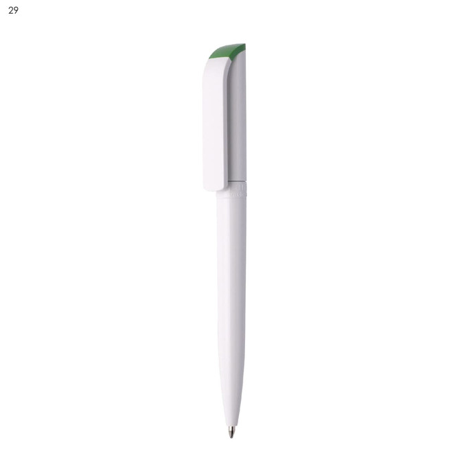 A plastic pen in white with a green top. It features a logo on the barrel.