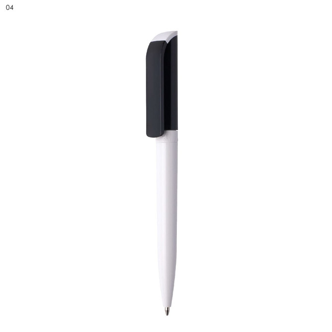 A plastic pen with a white body and a black cap, featuring a branding logo.
