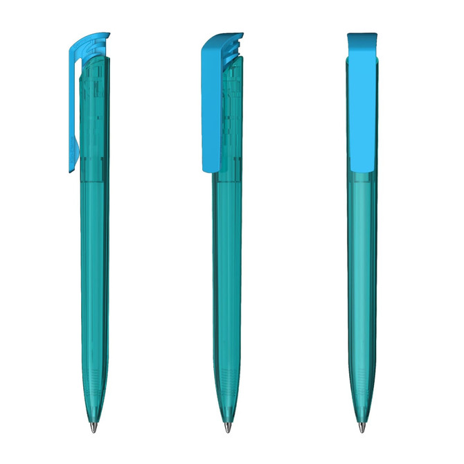 Transparent high gloss pen in teal with a blue clip, featuring a sleek, modern design.