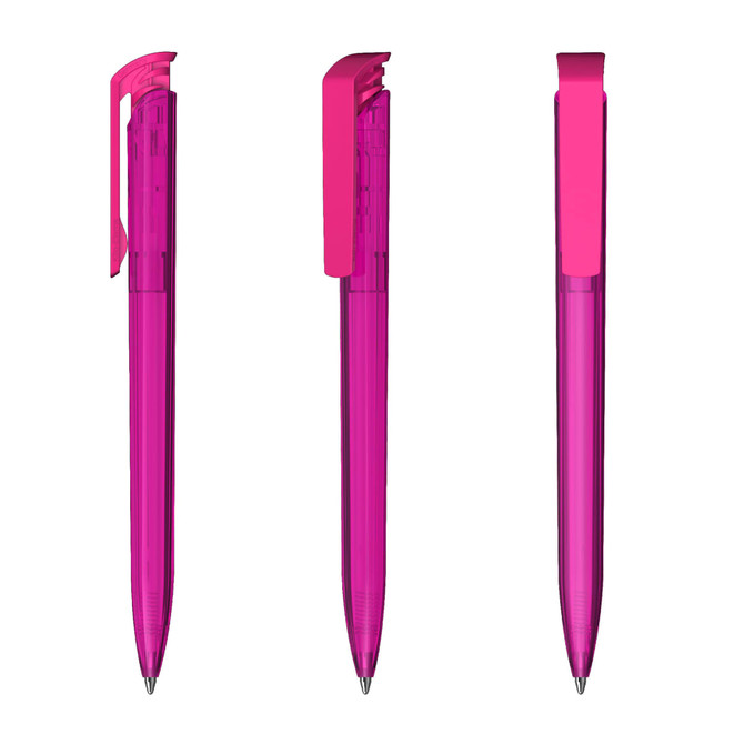 A transparent high gloss pen in vibrant pink, featuring a clip and a sleek design. There is branding visible on the barrel.