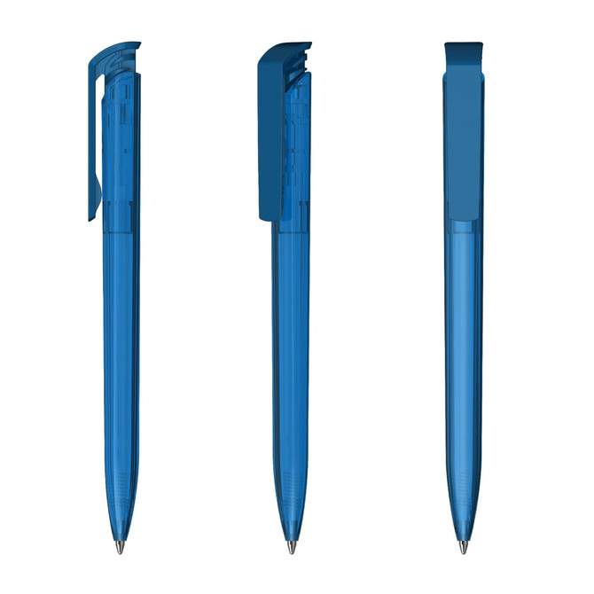A transparent high gloss blue plastic pen displayed from three angles, featuring a clip and a sleek design.