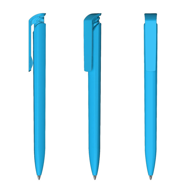 A triad of blue plastic pens with a sleek design and glossy finish, featuring clips.