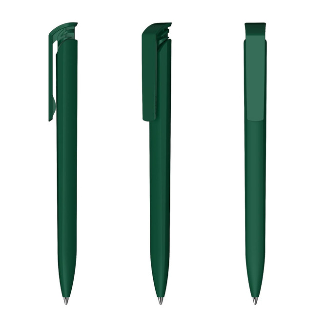 A set of three dark green plastic pens with a soft-touch finish, featuring clips and a glossy sheen.
