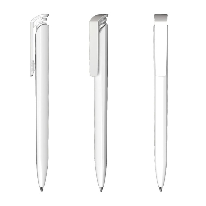 Three white plastic pens featuring a soft touch finish and high gloss accents, each with a clip.