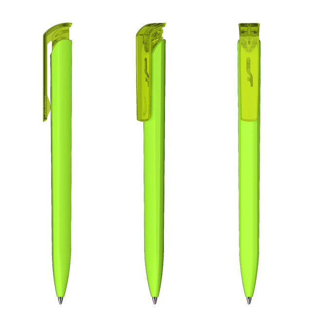 A bright green plastic pen with a transparent cap and clip, featuring a logo.