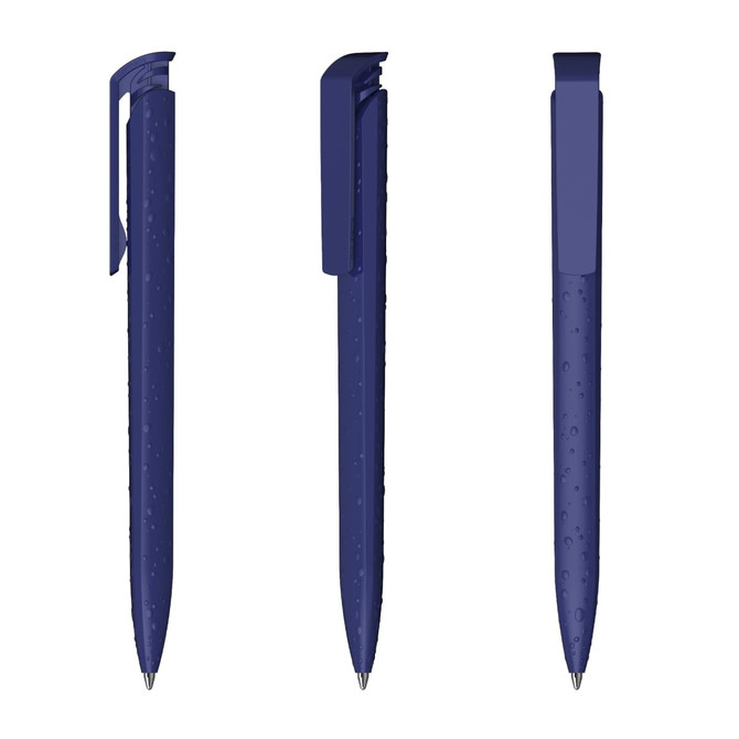 A set of three high gloss navy plastic pens featuring a clip and textured grip. Each pen has a logo.