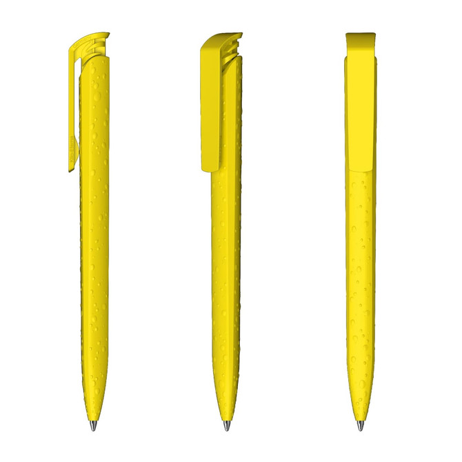 A bright yellow plastic pen with a sleek design and a clip, displayed from three angles.