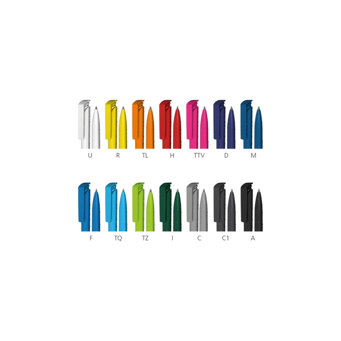 A selection of plastic pens in various colours including blue, orange, green, black, and silver, arranged in two rows.