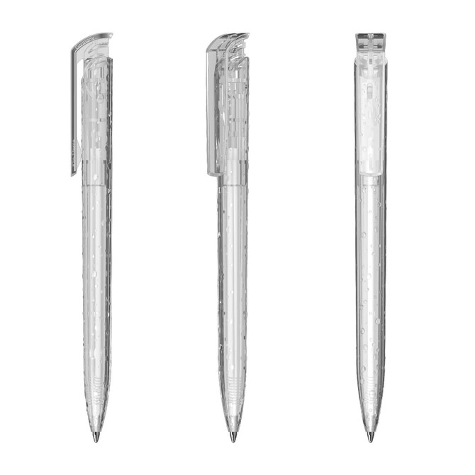 A transparent plastic pen featuring a sleek design, shown from multiple angles. It has a clip and a shiny tip.